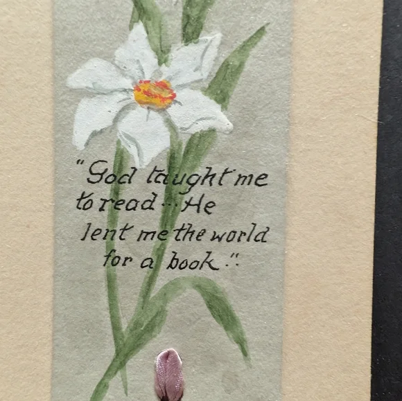 Antique Hand-Painted Easter Joy Bookmark | Narcissus Floral & Silk Ribbon - Picture 2 of 3